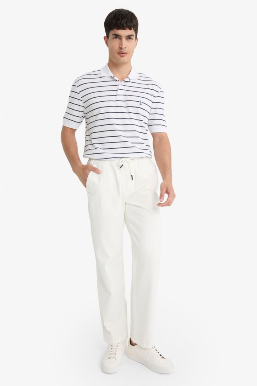 Erkek Beyaz %100 Pamuk Regular Fit Polo Yaka Kısa Kollu Çizgili Tişört