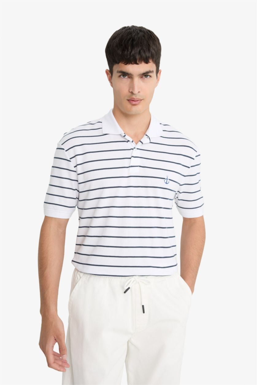 Erkek Beyaz %100 Pamuk Regular Fit Polo Yaka Kısa Kollu Çizgili Tişört