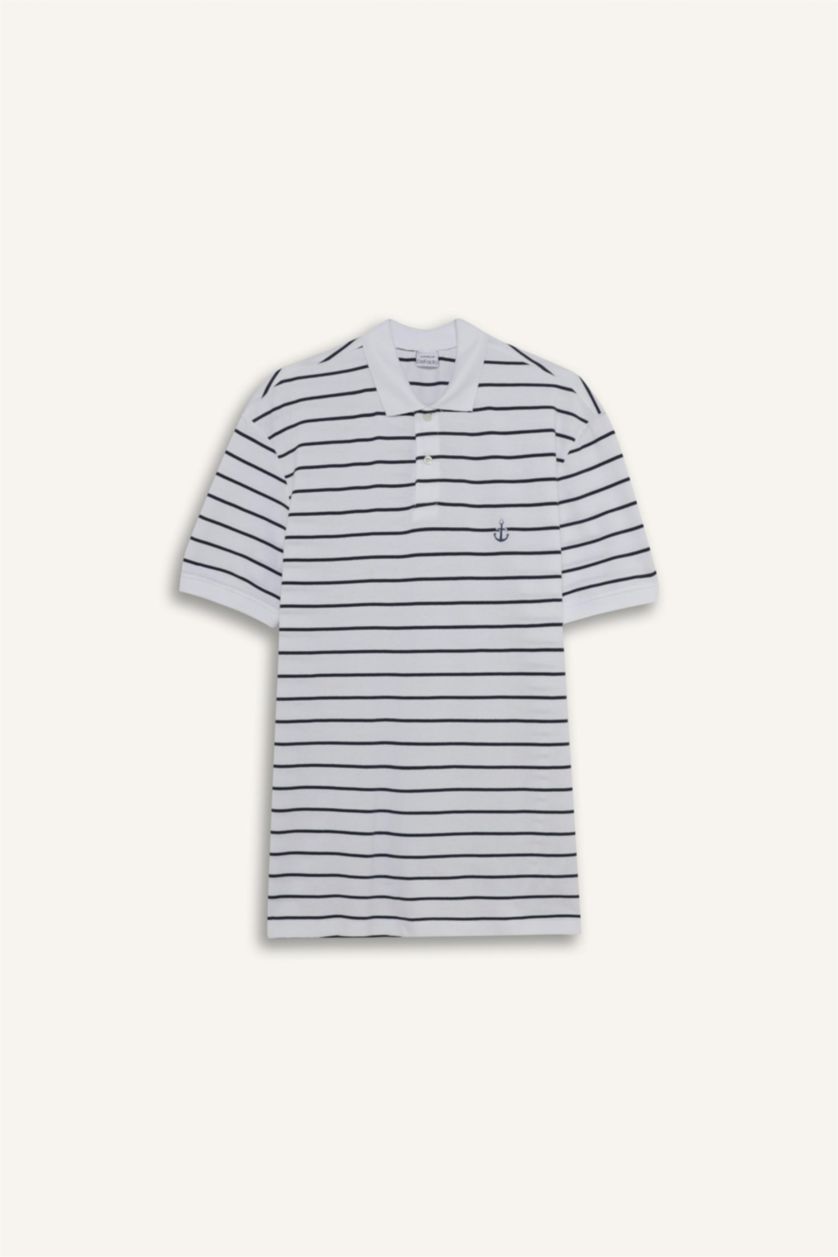 Erkek Beyaz %100 Pamuk Regular Fit Polo Yaka Kısa Kollu Çizgili Tişört