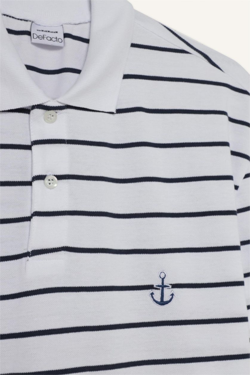 Erkek Beyaz %100 Pamuk Regular Fit Polo Yaka Kısa Kollu Çizgili Tişört