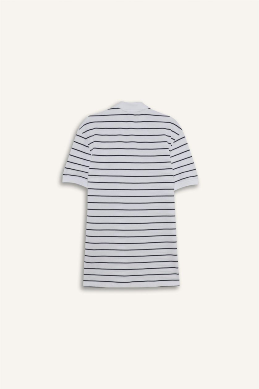 Erkek Beyaz %100 Pamuk Regular Fit Polo Yaka Kısa Kollu Çizgili Tişört