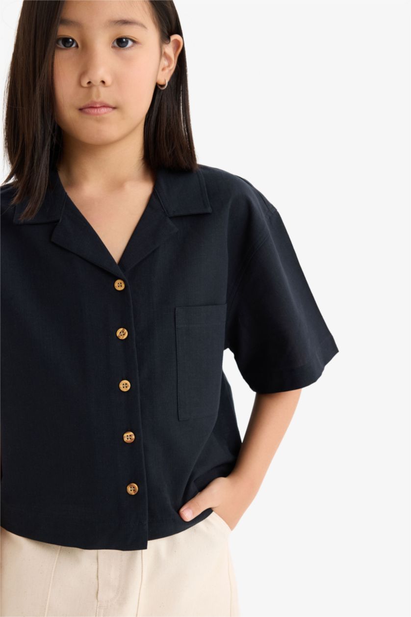 Kız Çocuk - Genç Kız Siyah Cropped Fit Keten Kısa Kollu Gömlek Kız Çocuk