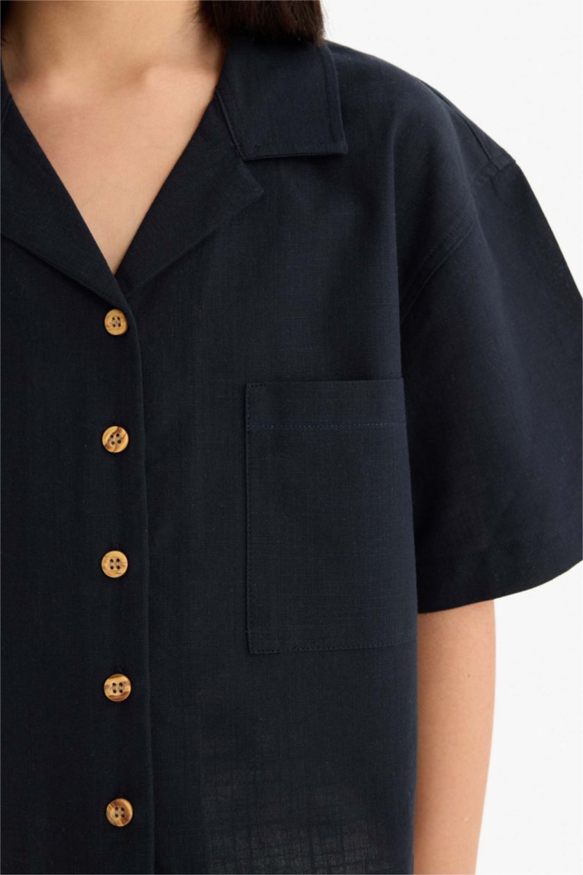 Kız Çocuk - Genç Kız Siyah Cropped Fit Keten Kısa Kollu Gömlek Kız Çocuk