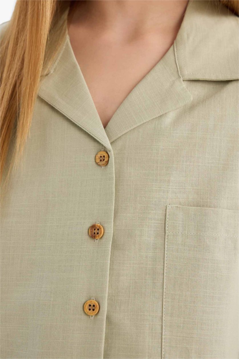 Kız Çocuk - Genç Kız Mint Cropped Fit Keten Kısa Kollu Gömlek Kız Çocuk