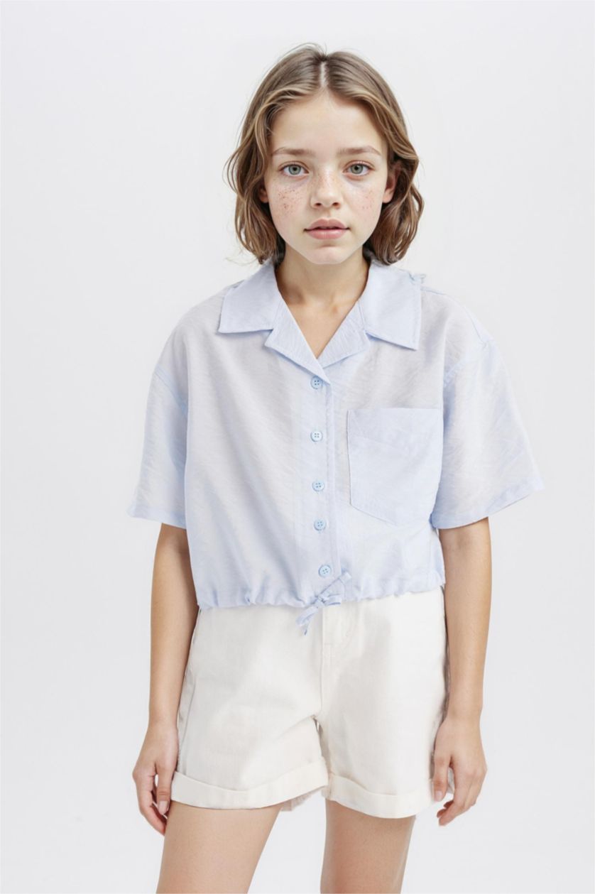 Kız Çocuk - Genç Kız Açık Mavi Cropped Fit Kısa Kollu Gömlek Kız Çocuk