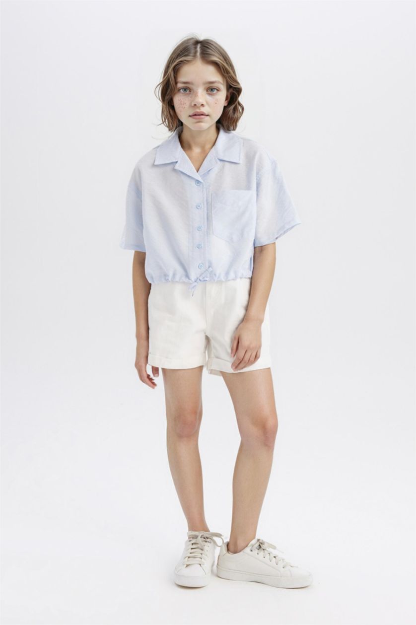 Kız Çocuk - Genç Kız Açık Mavi Cropped Fit Kısa Kollu Gömlek Kız Çocuk
