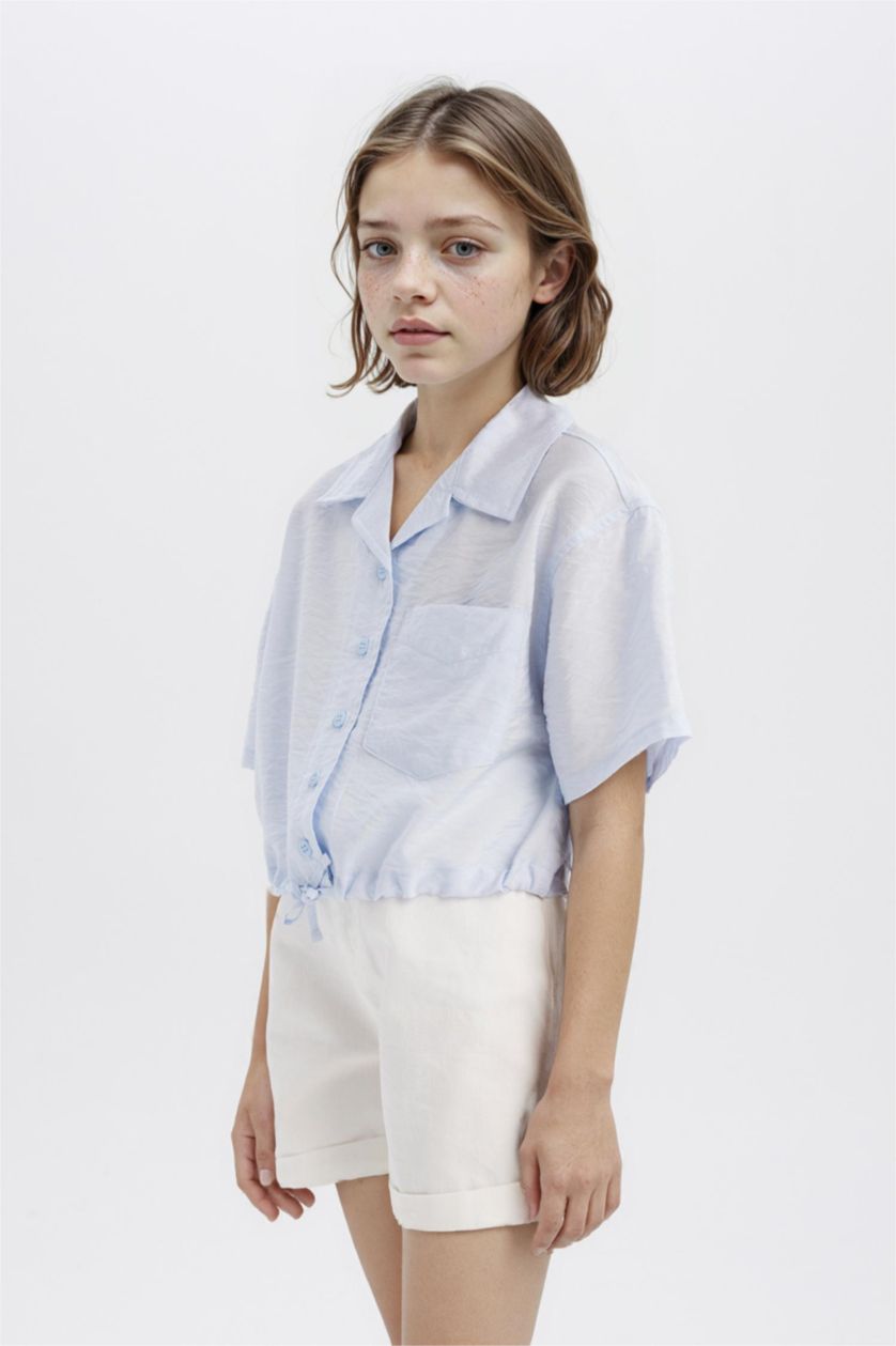 Kız Çocuk - Genç Kız Açık Mavi Cropped Fit Kısa Kollu Gömlek Kız Çocuk
