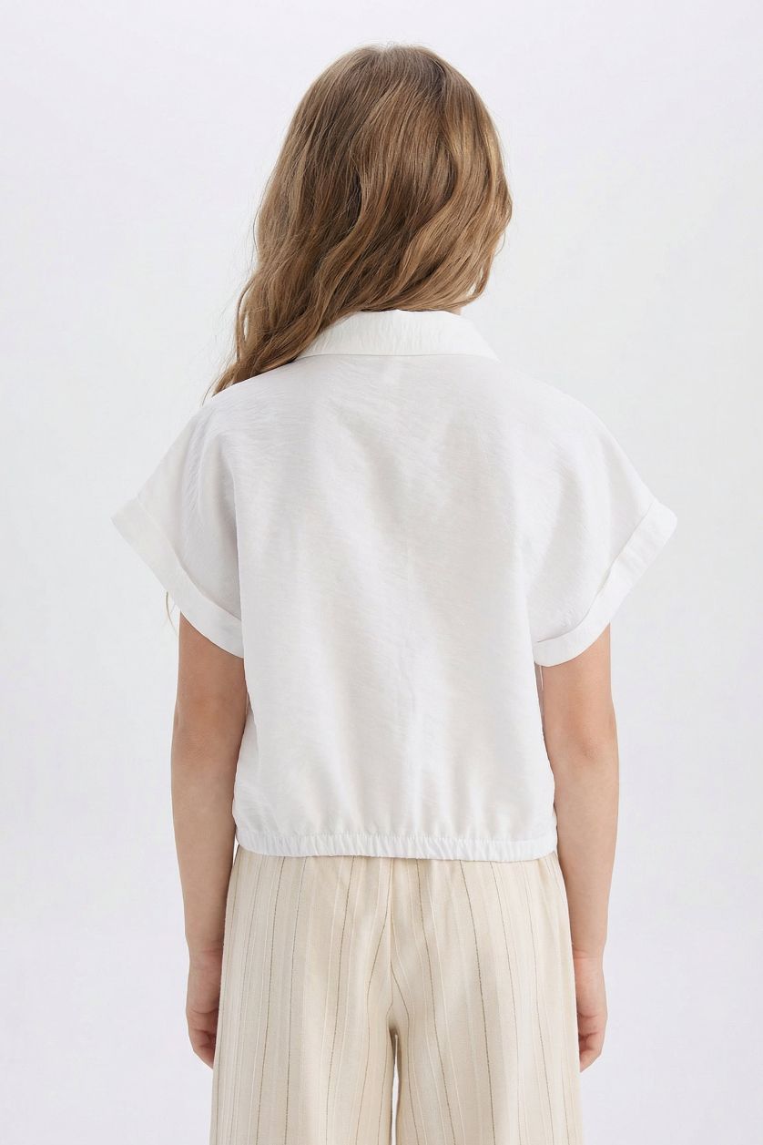 Kız Çocuk - Genç Kız Beyaz Crop Bağlama Detaylı Kısa Kollu Gömlek Kız Çocuk