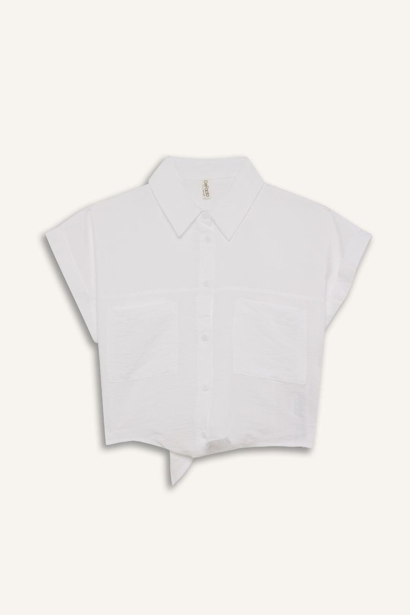 Kız Çocuk - Genç Kız Beyaz Crop Bağlama Detaylı Kısa Kollu Gömlek Kız Çocuk