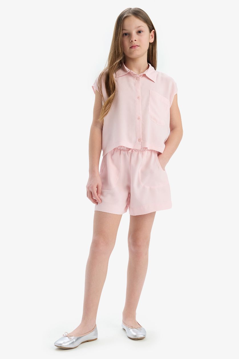 Kız Çocuk - Genç Kız Açık Pembe Cropped Fit Pamuklu Kısa Kollu Gömlek Kız Çocuk