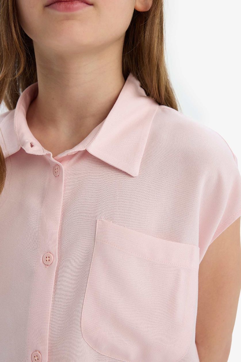Kız Çocuk - Genç Kız Açık Pembe Cropped Fit Pamuklu Kısa Kollu Gömlek Kız Çocuk