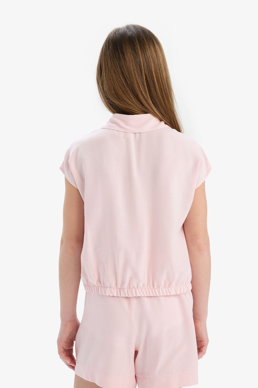 Kız Çocuk - Genç Kız Açık Pembe Cropped Fit Pamuklu Kısa Kollu Gömlek Kız Çocuk