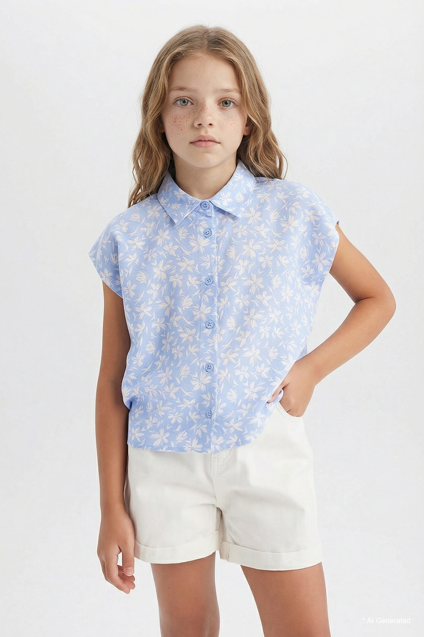 Young Girls - Teen Girls Blue Girl Cotton Floral Short Sleeve Crop Shirt