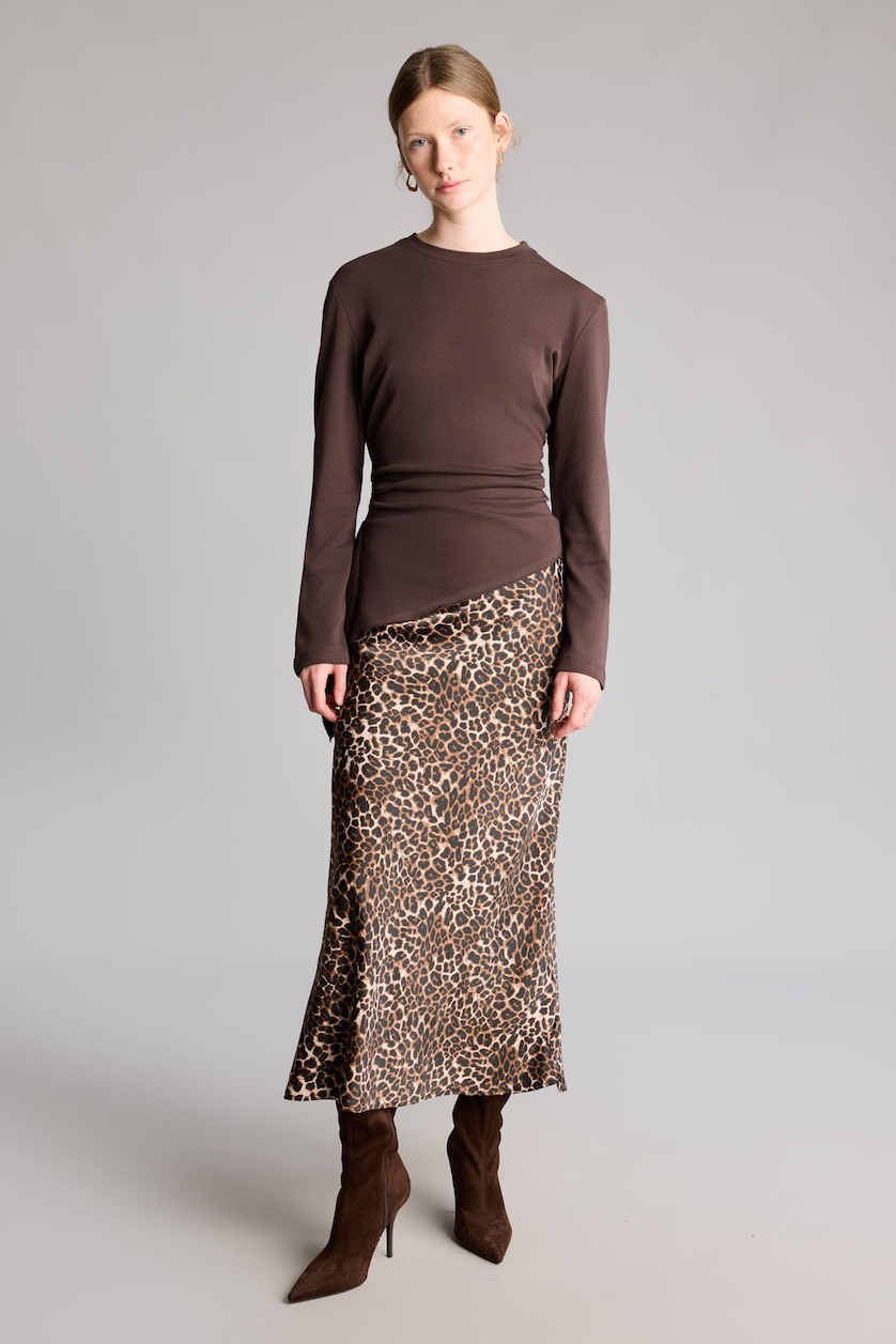 WOMAN Black Mid-Rise Leopard Print Satin Long A-Line Skirt
