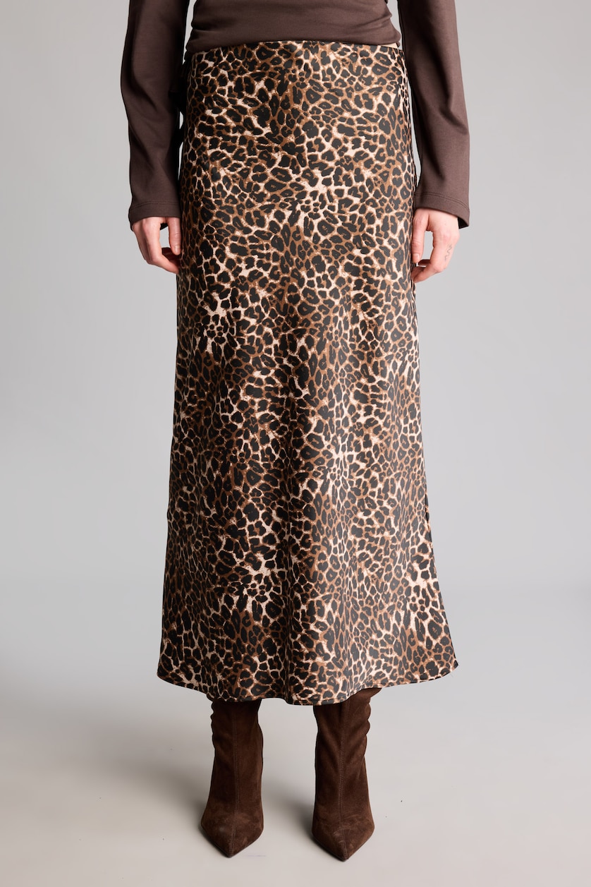 WOMAN Black Mid-Rise Leopard Print Satin Long A-Line Skirt
