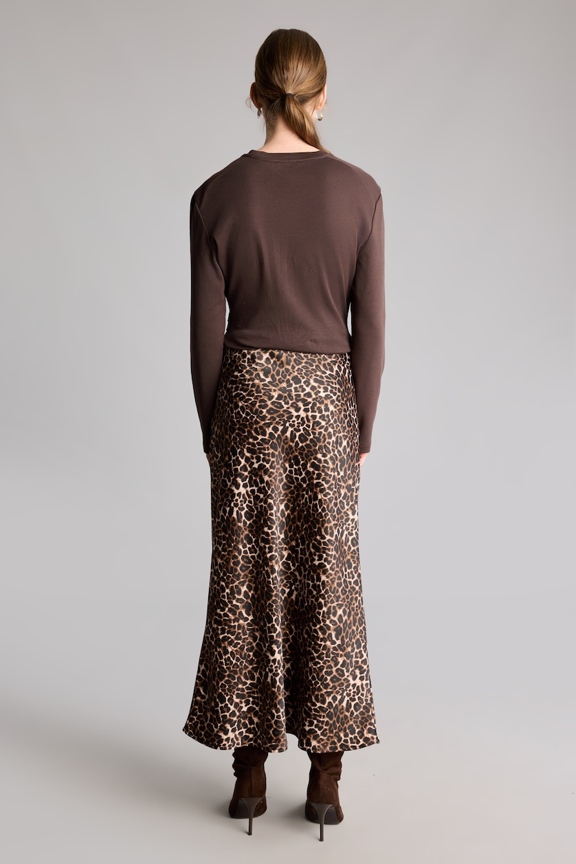 WOMAN Black Mid-Rise Leopard Print Satin Long A-Line Skirt