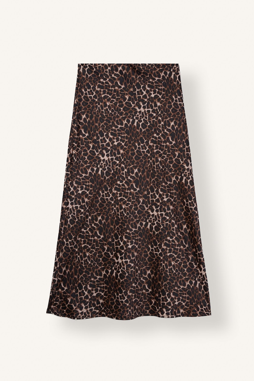 WOMAN Black Mid-Rise Leopard Print Satin Long A-Line Skirt