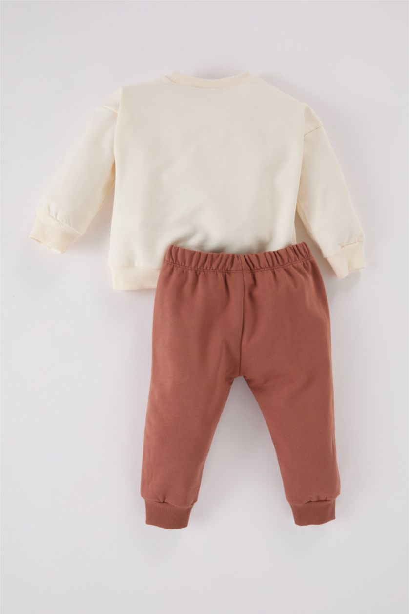 Erkek Bebek Açık Kahve Erkek Bebek 2'li Takım Araç Baskılı Sweatshirt Beli Lastikli Eşofman Altı