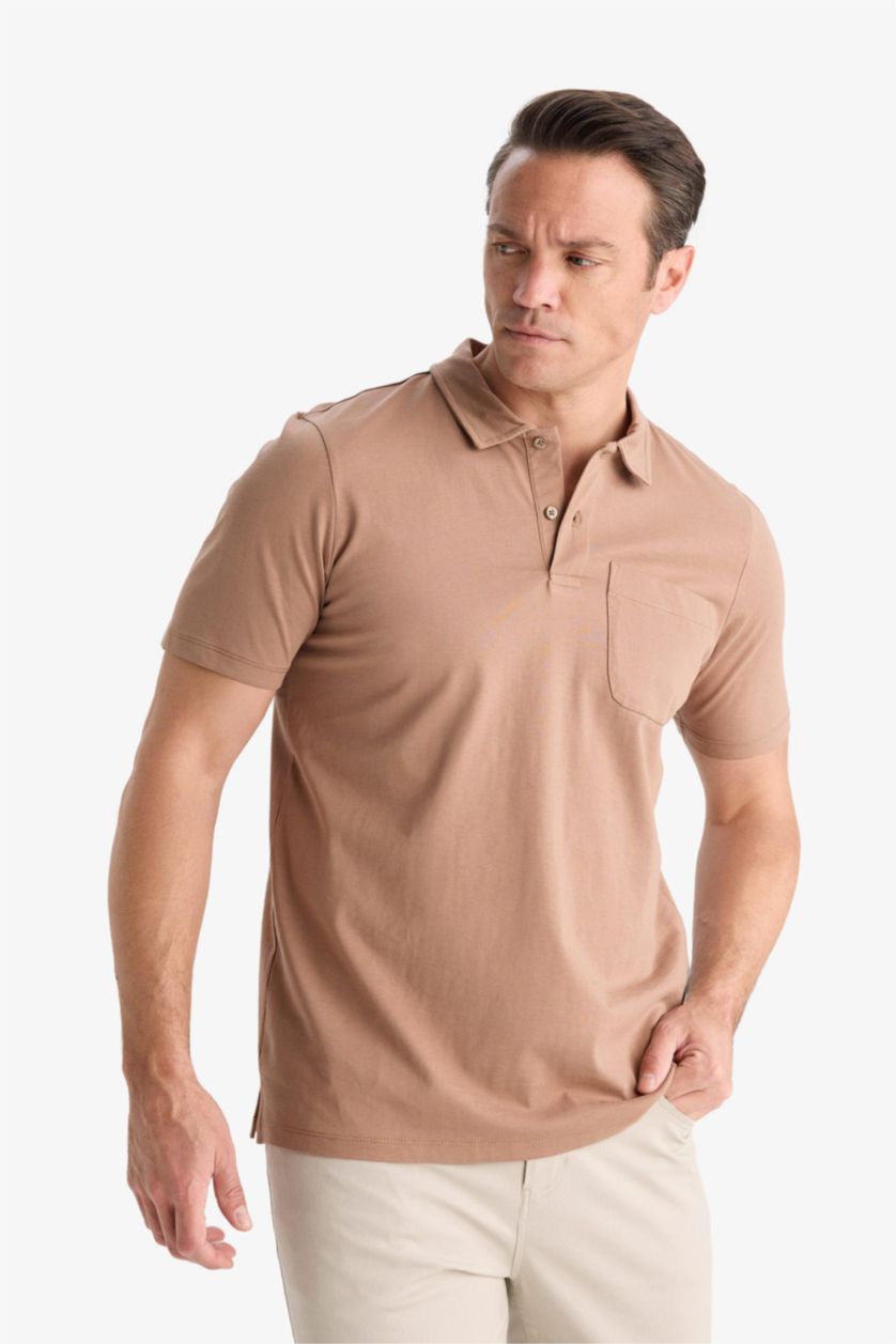Erkek Açık Kahve %100 Pamuk Regular Fit Polo Yaka Kısa Kollu Tişört