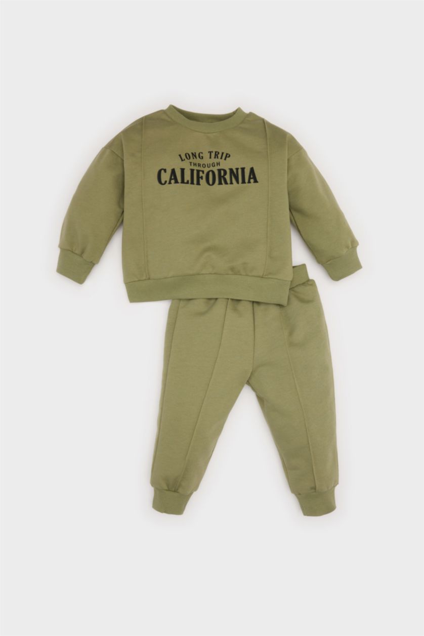 مولود ذكر كاكي طقم سويت شيرت مطبوع برقبة مستديرة و سروال رياضي للبيبي ولد