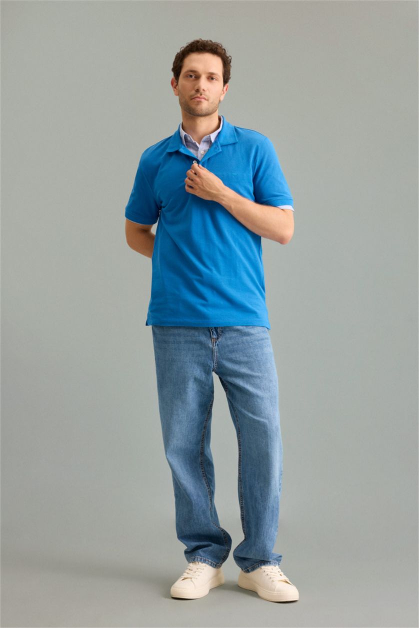Erkek Mavi %100 Pamuk Slim Fit Polo Tişört