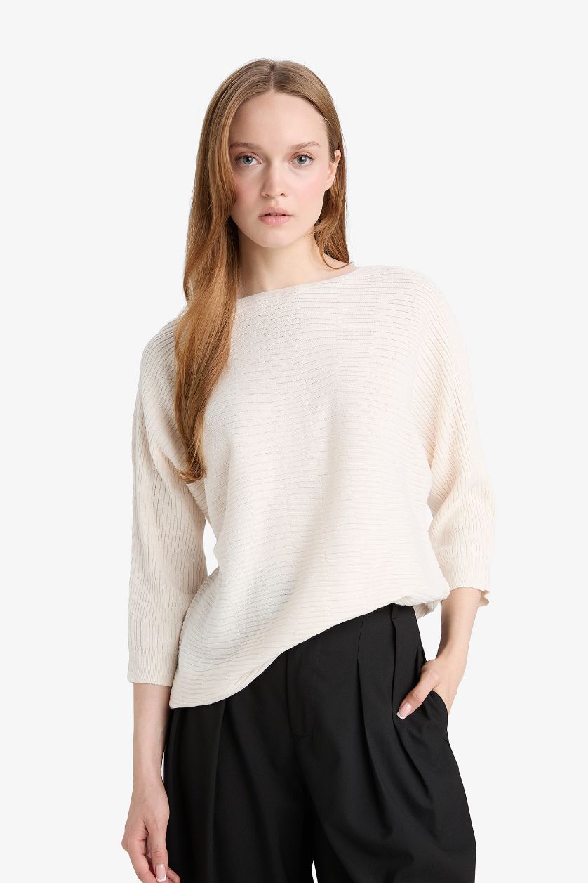 WOMAN Ecru Boat Neck Knit Pullover