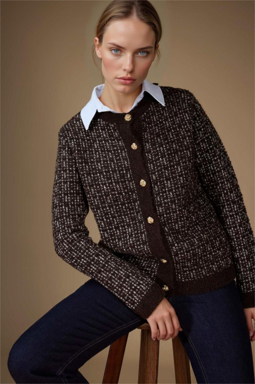 Woman Brown Regular Fit Crew Neck Knit Cardigan