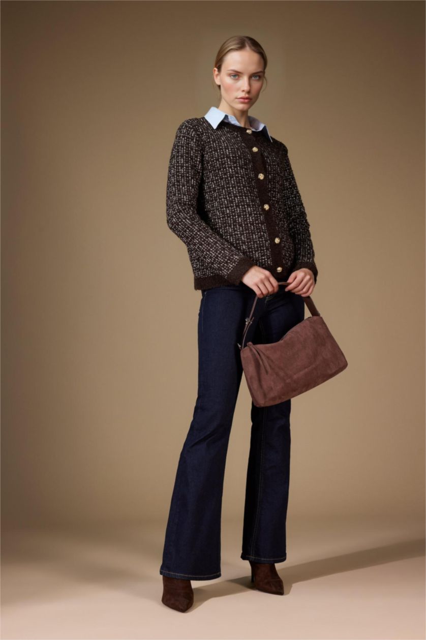 Woman Brown Regular Fit Crew Neck Knit Cardigan