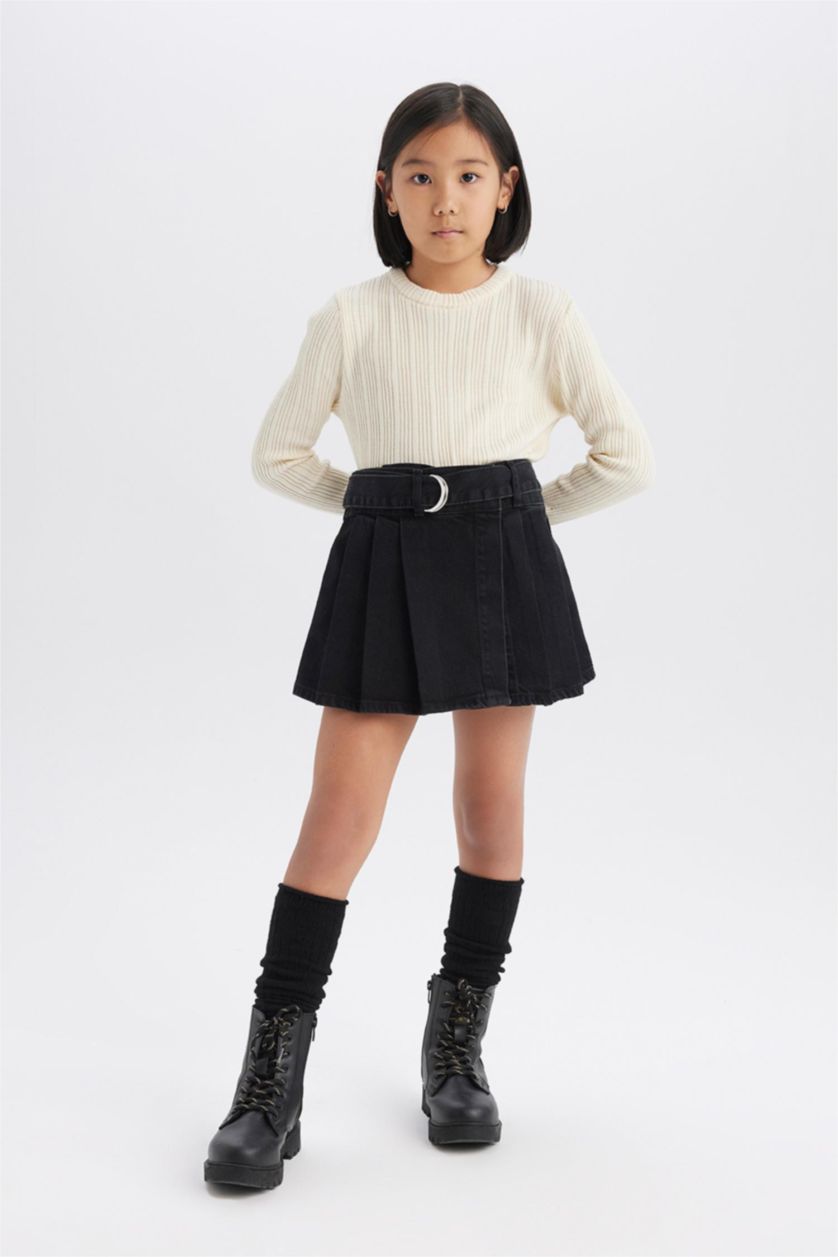 Kız Çocuk - Genç Kız Antrasit Kemerli Jean Şort Etek Kız Çocuk