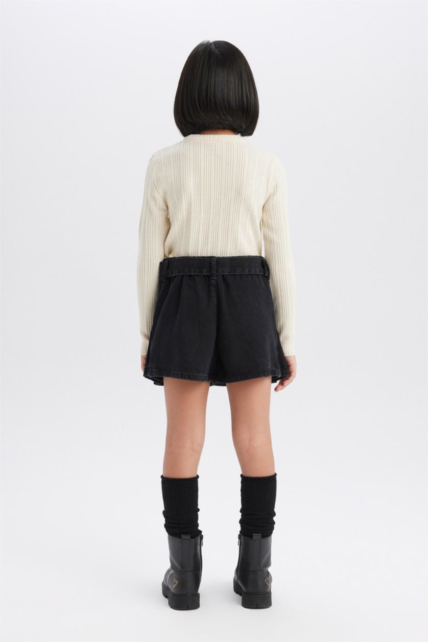 Kız Çocuk - Genç Kız Antrasit Kemerli Jean Şort Etek Kız Çocuk