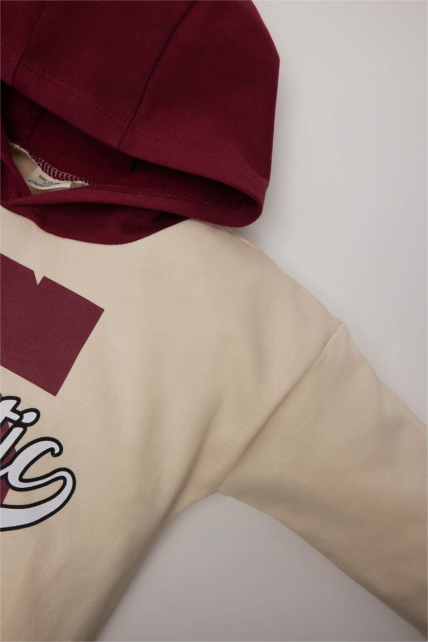 Erkek Bebek Bordo Erkek Bebek 2'li Takım Kapüşonlu Baskılı Sweatshirt Beli Lastikli Eşofman Altı