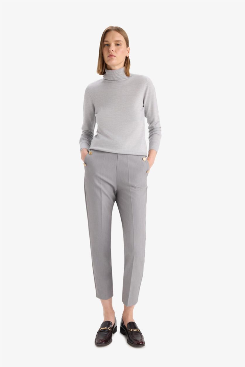 FEMME Gris Pantalon droit taille haute à poches Coupe carotte