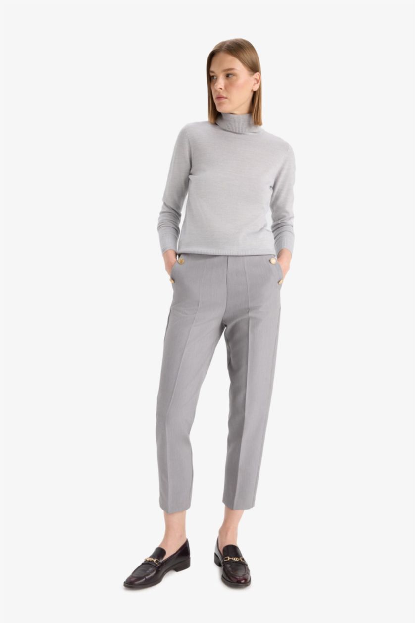 FEMME Gris Pantalon droit taille haute à poches Coupe carotte