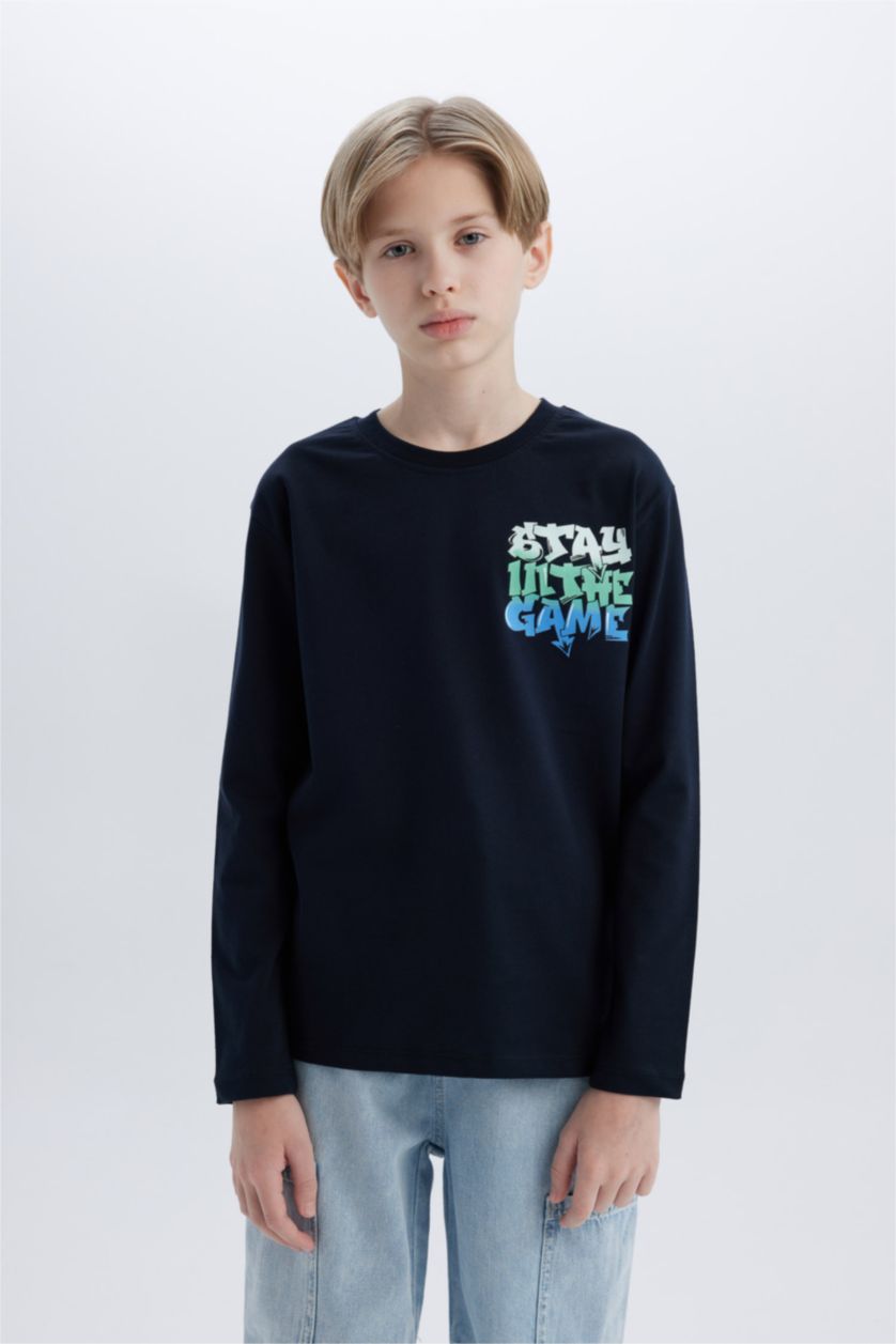 BOYS & TEENS NAVY Boy Crew Neck Back Printed Long Sleeve T-Shirt