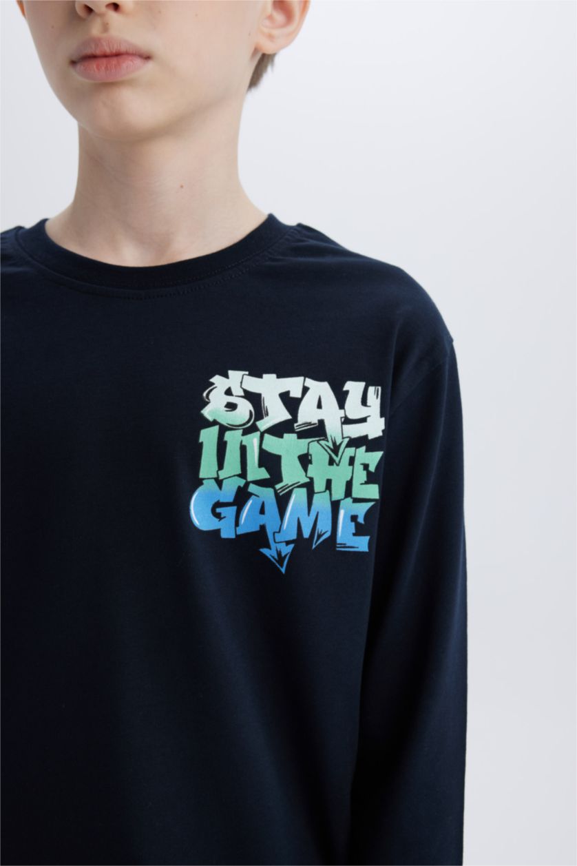 BOYS & TEENS NAVY Boy Crew Neck Back Printed Long Sleeve T-Shirt