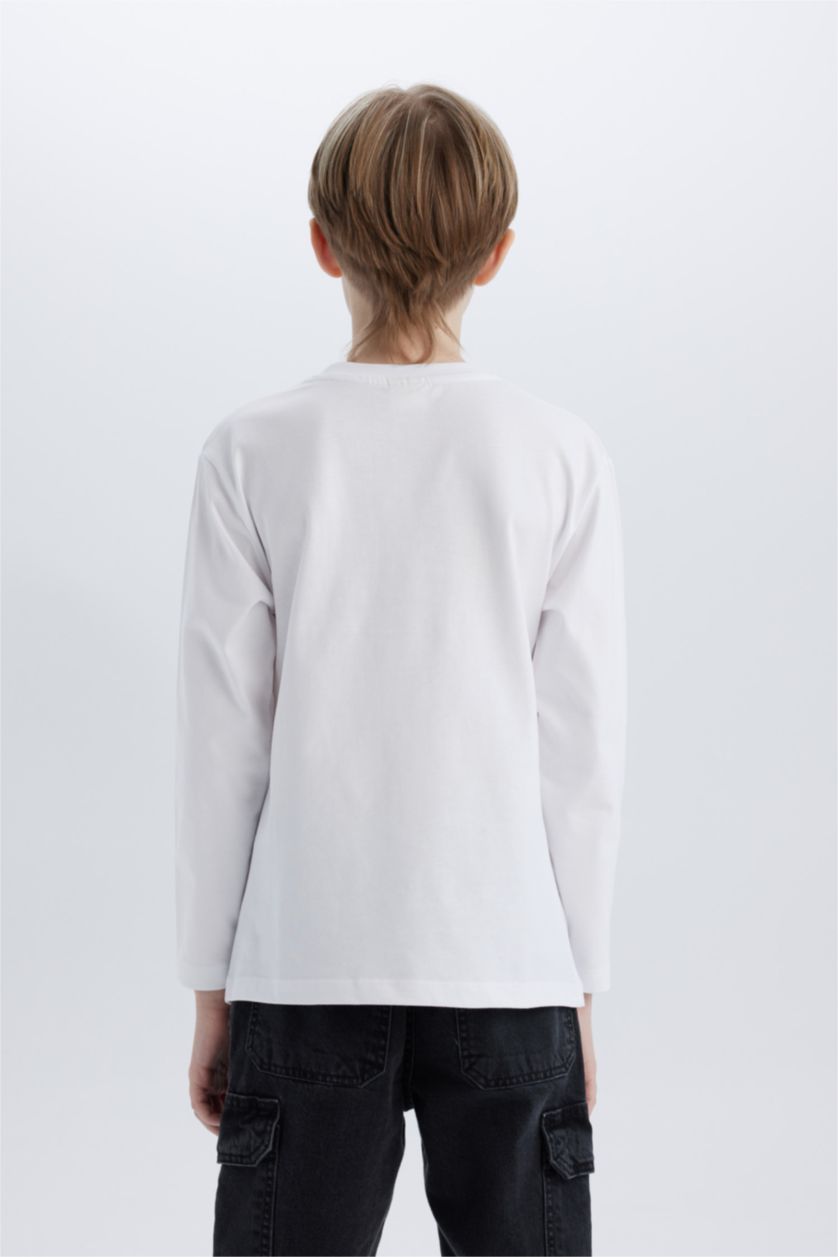 Erkek Çocuk - Genç Erkek Beyaz Bisiklet Yaka Baskılı Uzun Kollu Tişört Erkek Çocuk