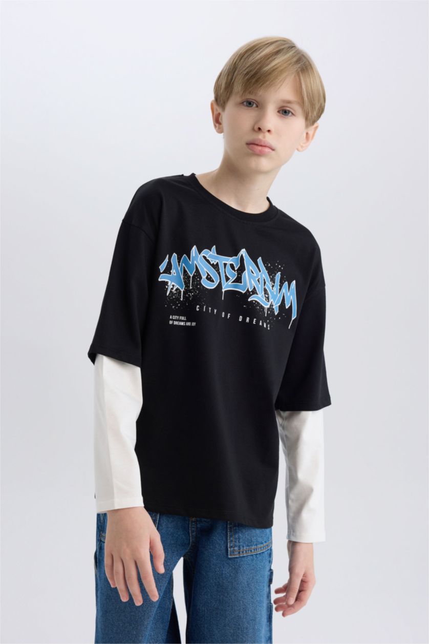 BOYS & TEENS Black Boy Oversize Crew Neck Printed Long Sleeve T-Shirt