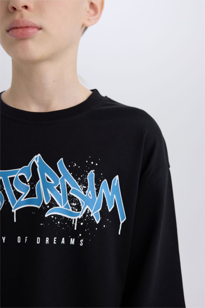 BOYS & TEENS Black Boy Oversize Crew Neck Printed Long Sleeve T-Shirt