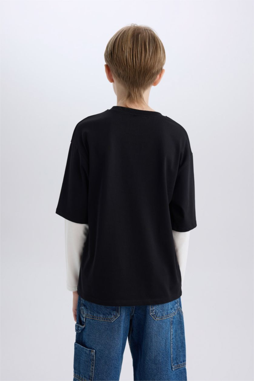 BOYS & TEENS Black Boy Oversize Crew Neck Printed Long Sleeve T-Shirt