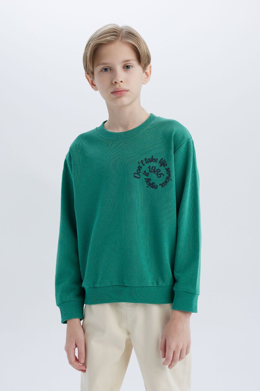 BOYS & TEENS Green Boy Crew Neck Back Printed Sweatshirt