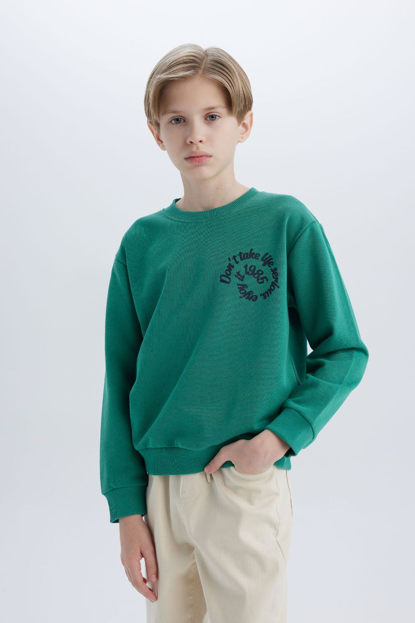 BOYS & TEENS Green Boy Crew Neck Back Printed Sweatshirt