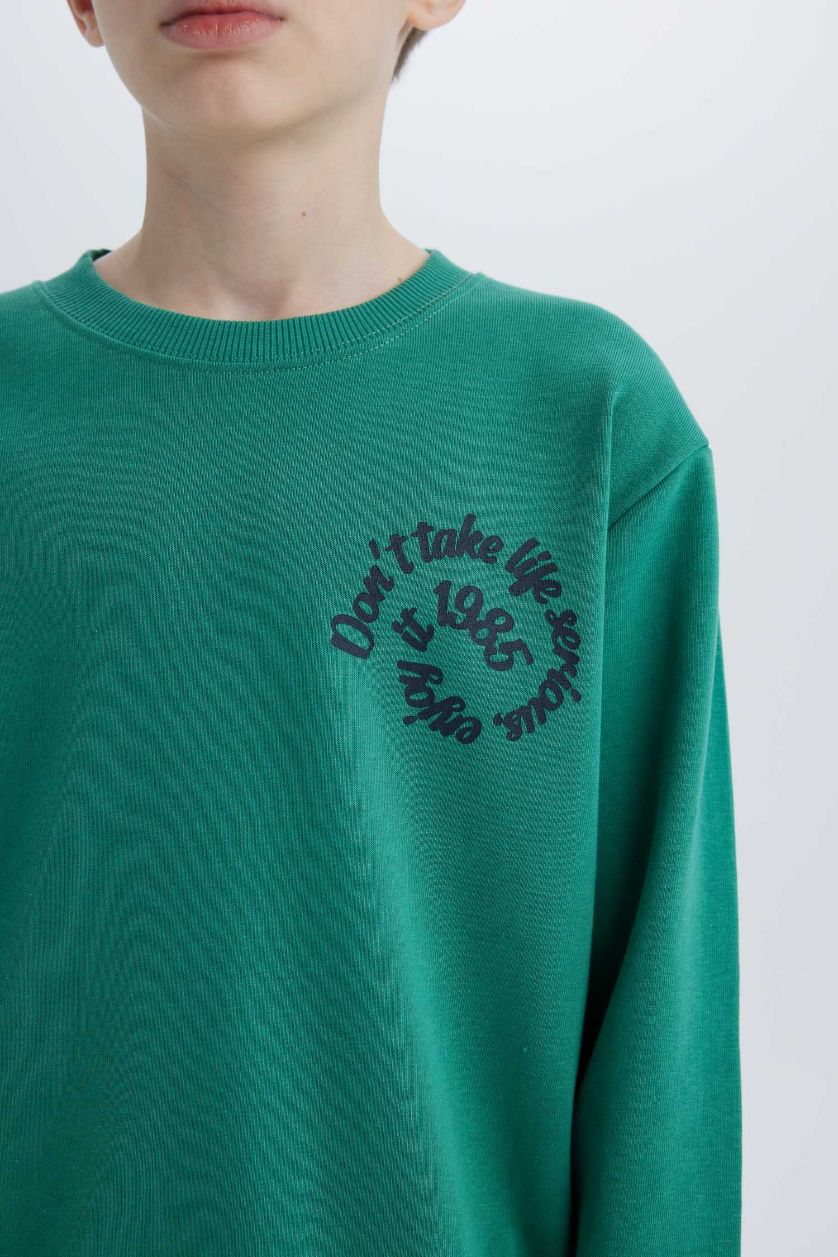 BOYS & TEENS Green Boy Crew Neck Back Printed Sweatshirt