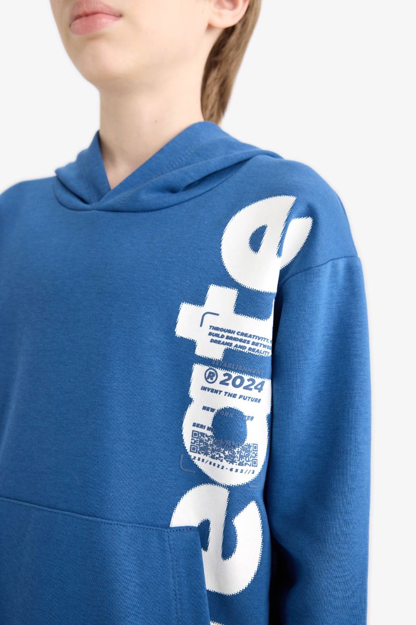 Erkek Çocuk - Genç Erkek İndigo Kapüşonlu Kanguru Cepli Baskılı Sweatshirt Erkek Çocuk