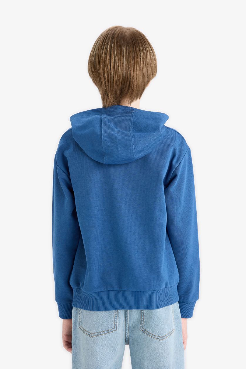 Erkek Çocuk - Genç Erkek İndigo Kapüşonlu Kanguru Cepli Baskılı Sweatshirt Erkek Çocuk
