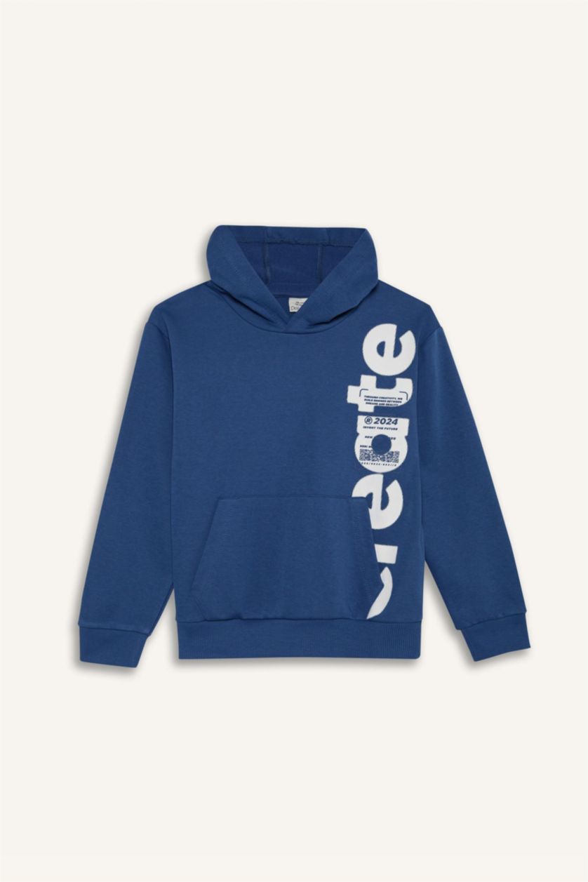 Erkek Çocuk - Genç Erkek İndigo Kapüşonlu Kanguru Cepli Baskılı Sweatshirt Erkek Çocuk