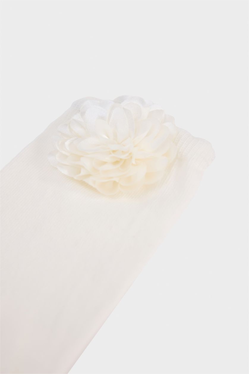 نساء أبيض جوارب طويلة نسائية من قطن بزهرة