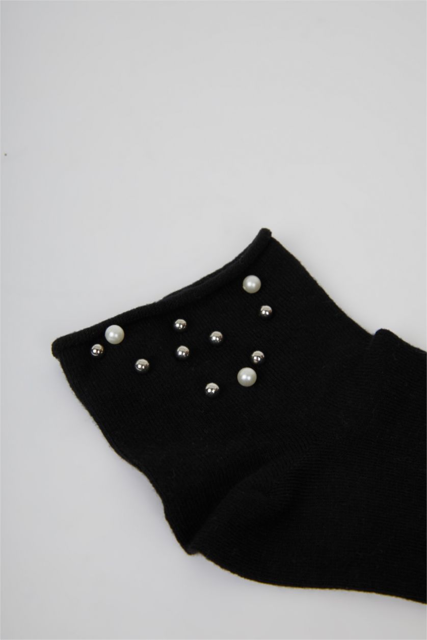 Kadın Siyah Kadın Dikişsiz İnci Boncuk Detaylı Penye Pamuklu Premium Soket Çorap