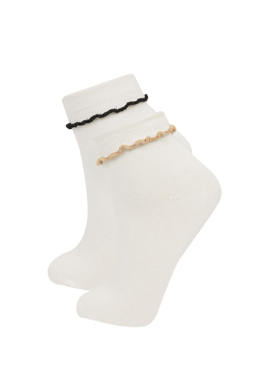 Kadın Beyaz Kadın Dikişsiz Sim Fırfırlı 2'li Penye Pamuklu Premium Soket Çorap