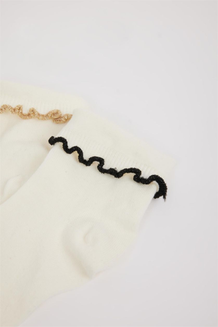 Kadın Beyaz Kadın Dikişsiz Sim Fırfırlı 2'li Penye Pamuklu Premium Soket Çorap