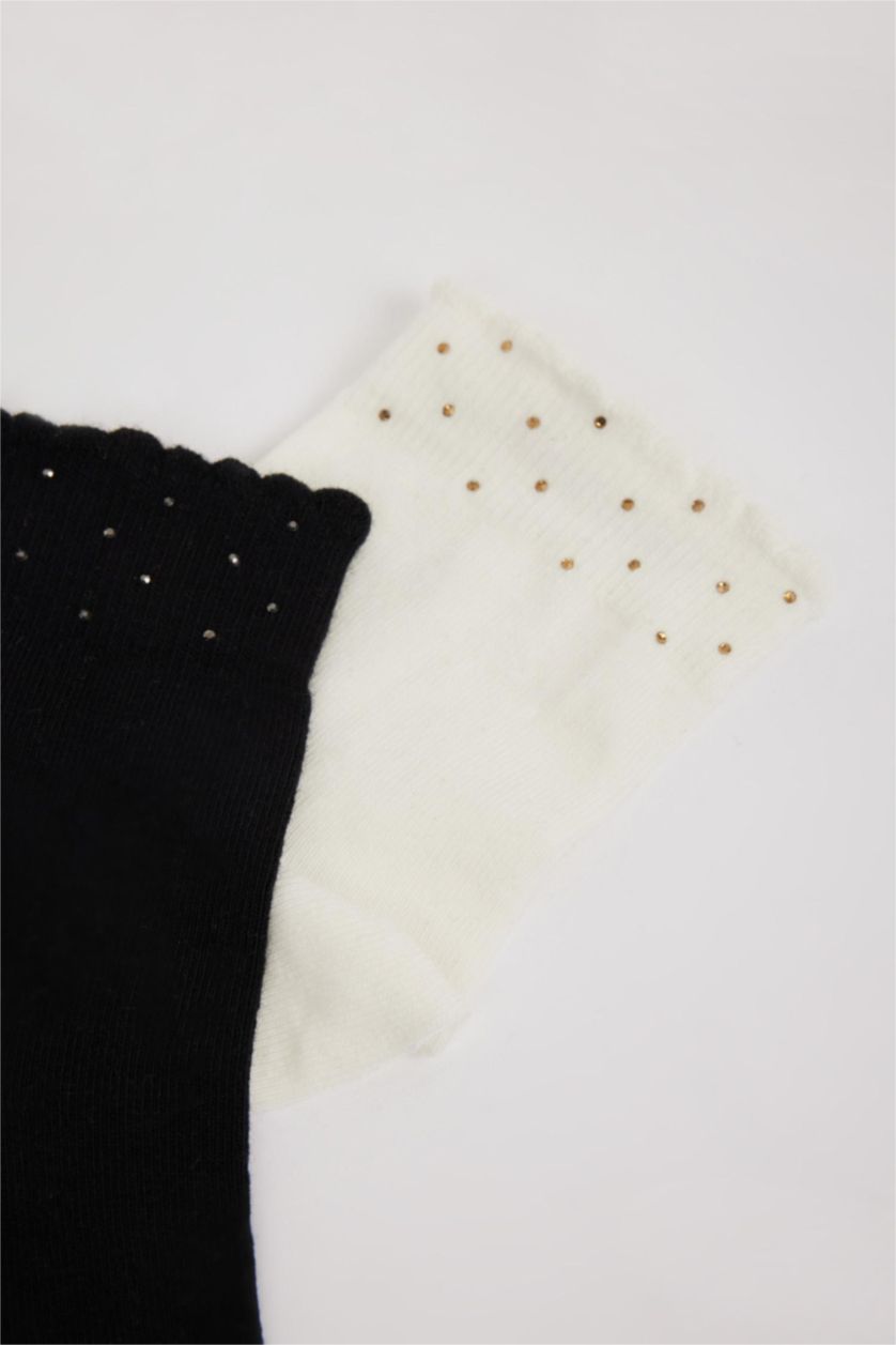 Kadın Karma Kadın Dikişsiz Parlak Taş Baskılı 2'li Penye Pamuklu Premium Soket Çorap